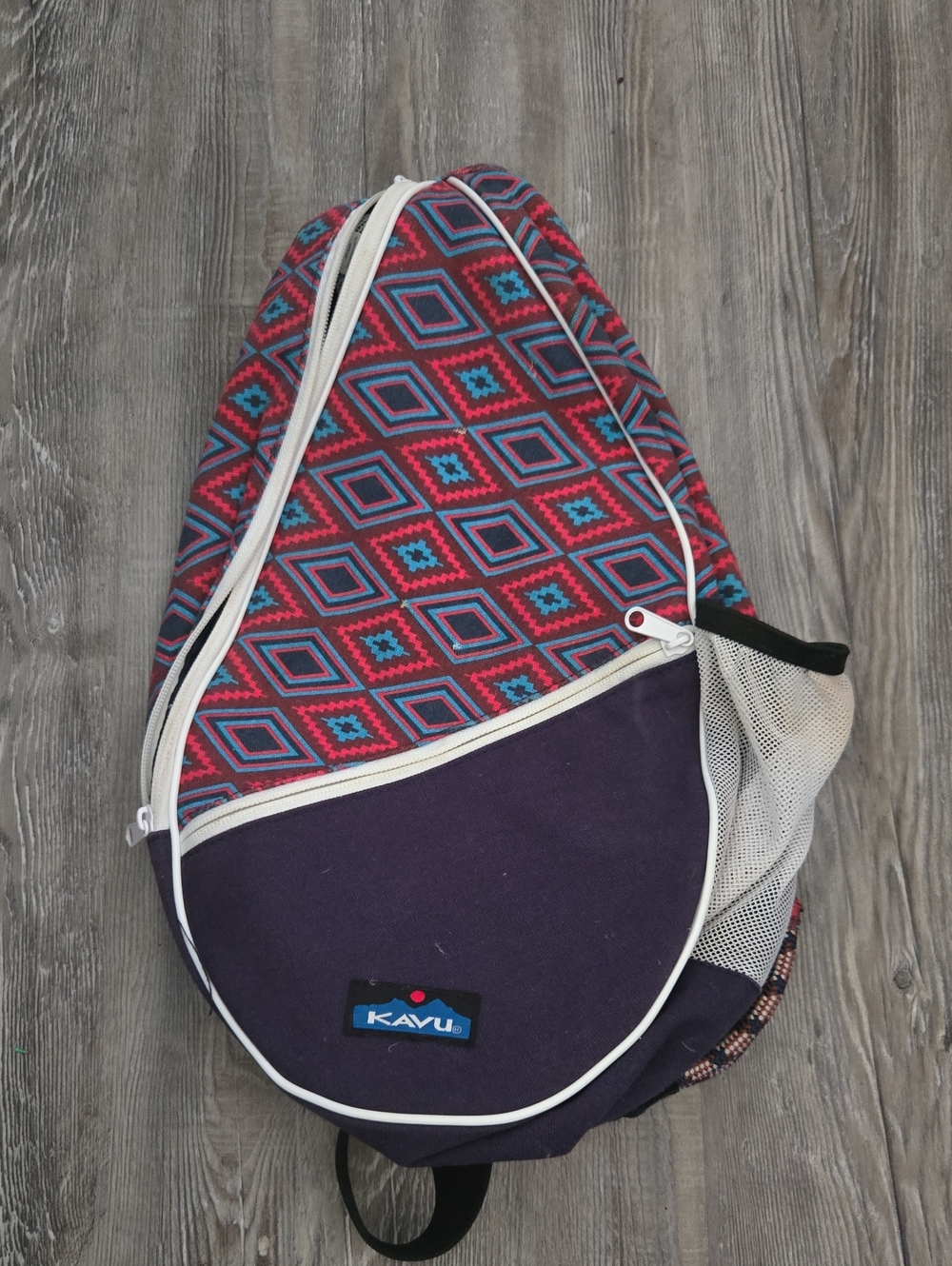 Kavu Sling Backpack in Purple with Pink & Teal Diamond Print